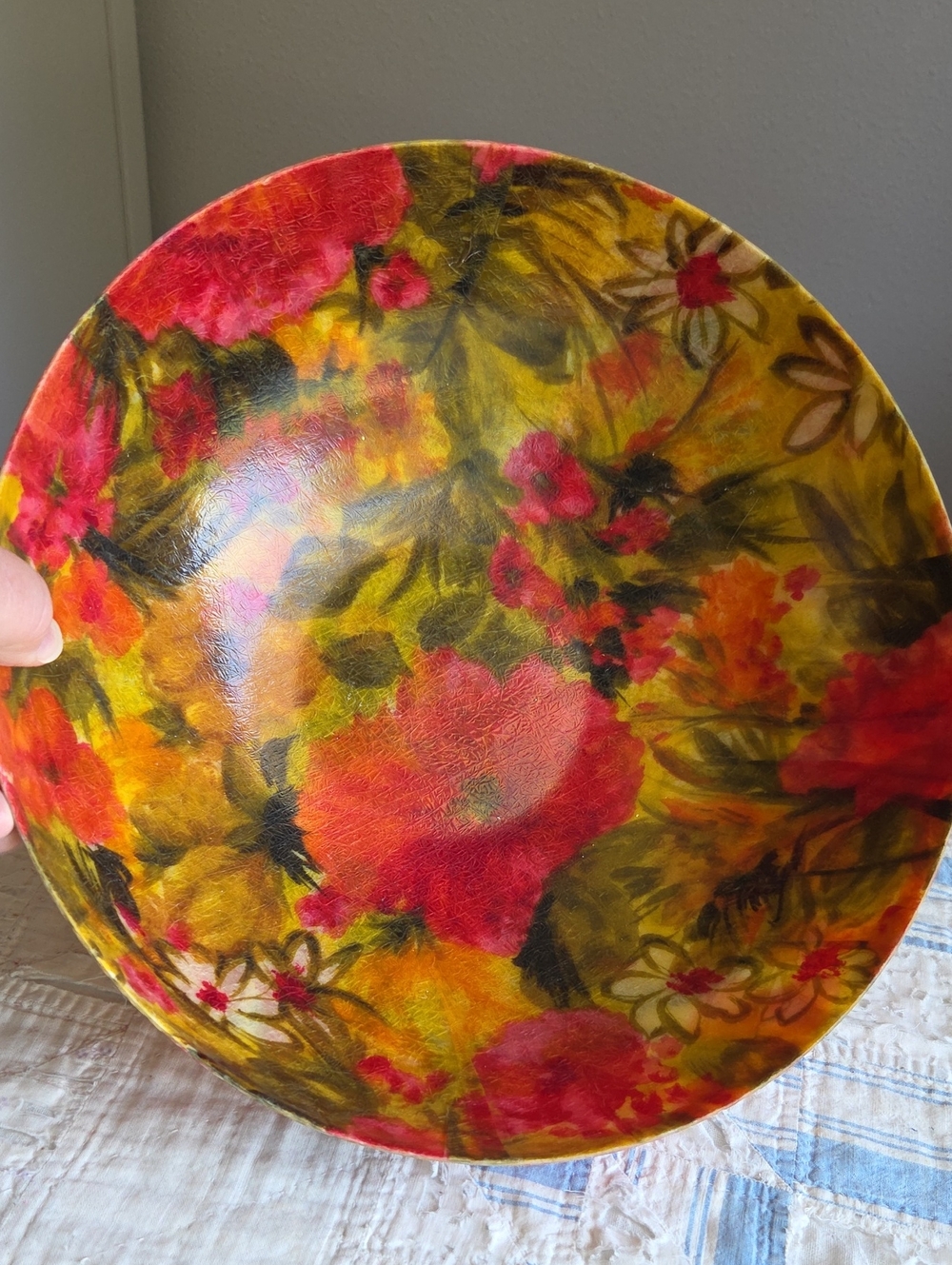 Vintage Floral Decorative Serving Bowl in Red and Yellow -
